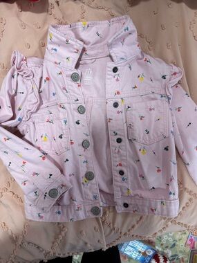 GAP Pink Floral Toddler Denim Jacket with Ruffle Shoulders
